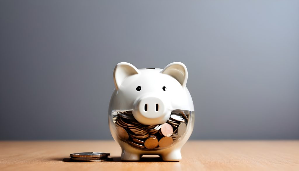 A piggy bank filled with coins on a table, representing an emergency savings fund.