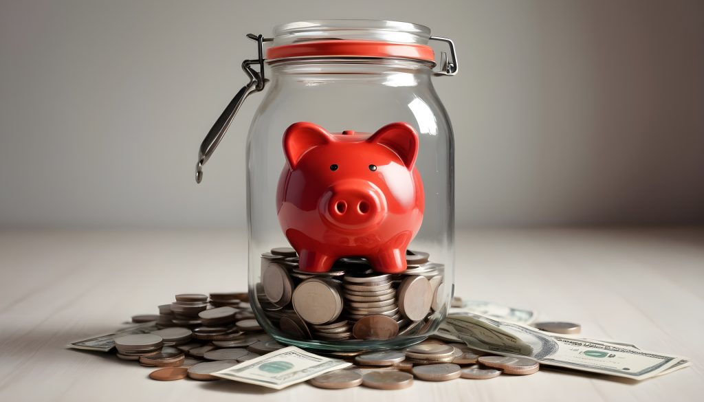 Conceptual image of piggy bank and coins on wooden table in 3D rendering, symbolizing emergency savings fund.