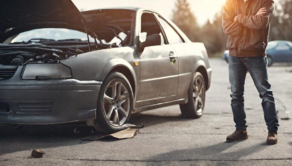 An image of a person standing next to their car, looking underneath the hood with a concerned expression, considering whether to dip into their emergency fund for necessary repairs.