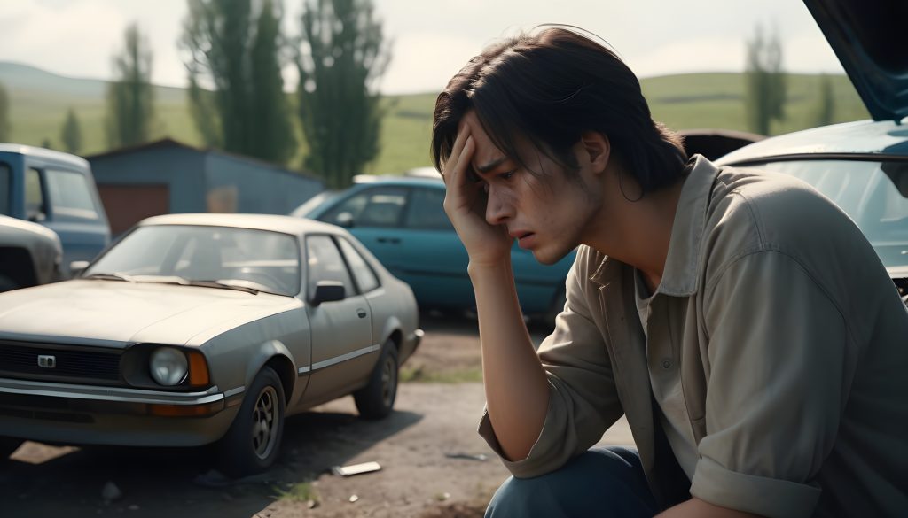 A person sitting on a curb beside their car, holding their head in their hands, visibly worried about the financial burden of unexpected car maintenance, contemplating the use of their emergency savings.