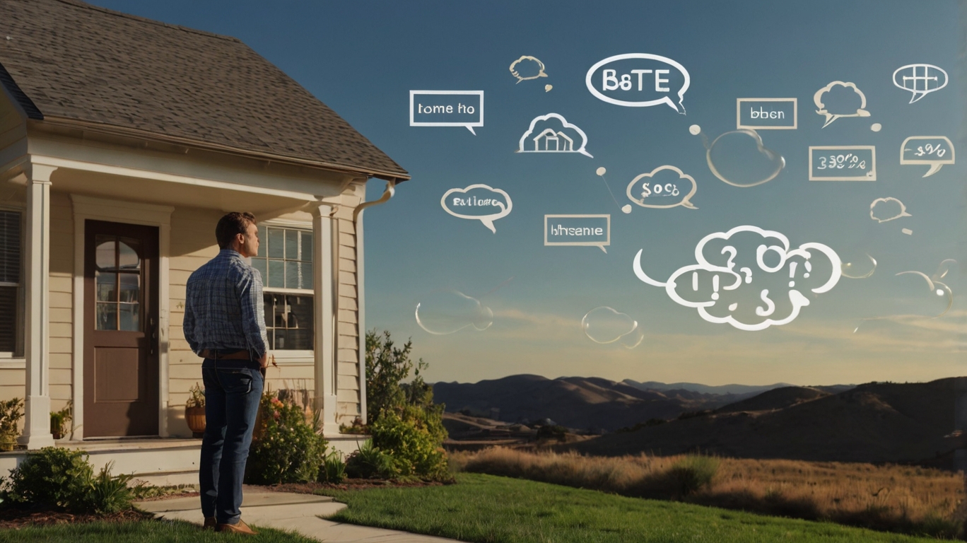 A man in front of his house is surrounded by a cloud of social icons, illustrating the online engagement in mortgage matters.