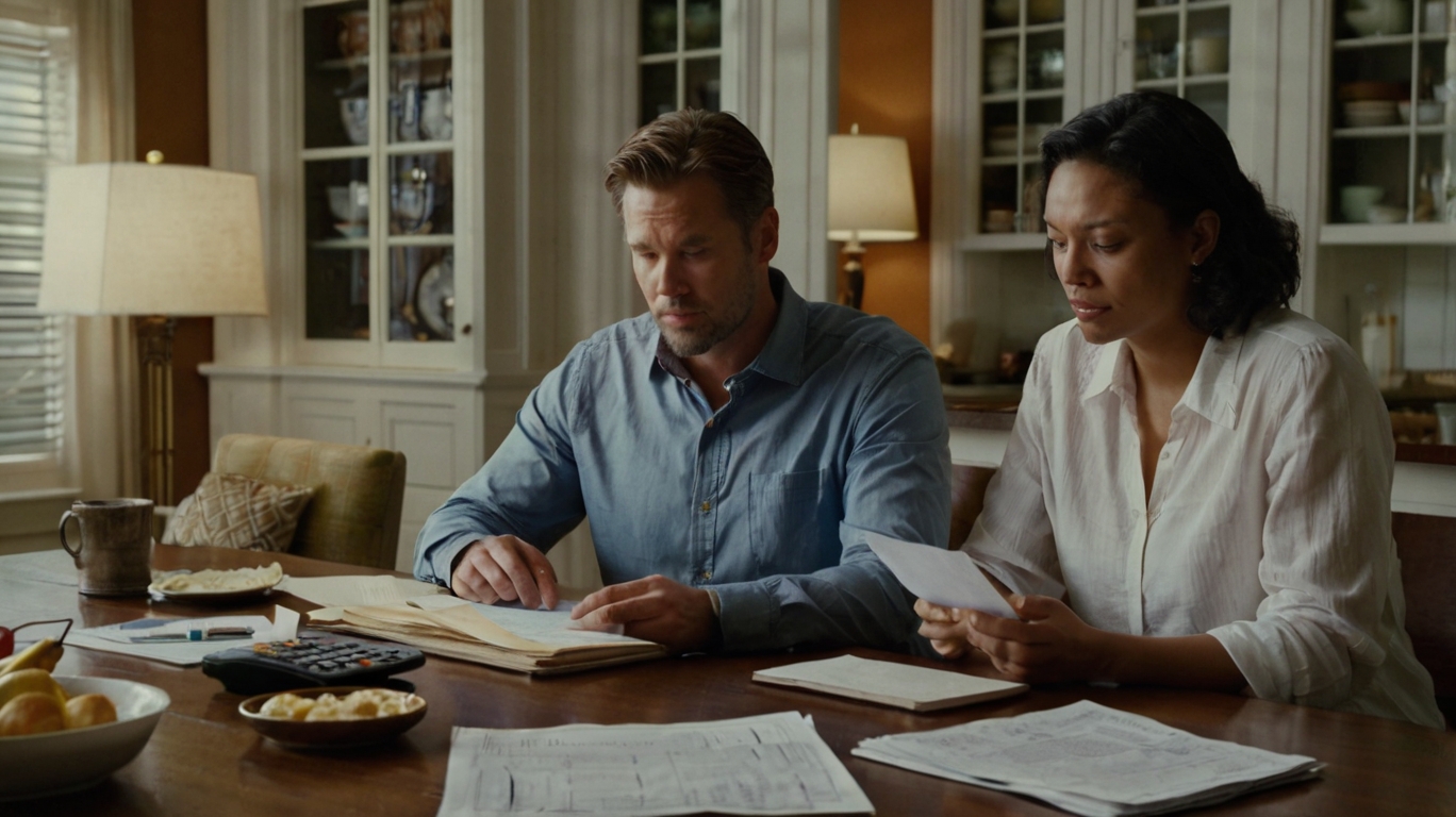 A man and woman review insurance documents together at a table, surrounded by papers and notes for discussion.