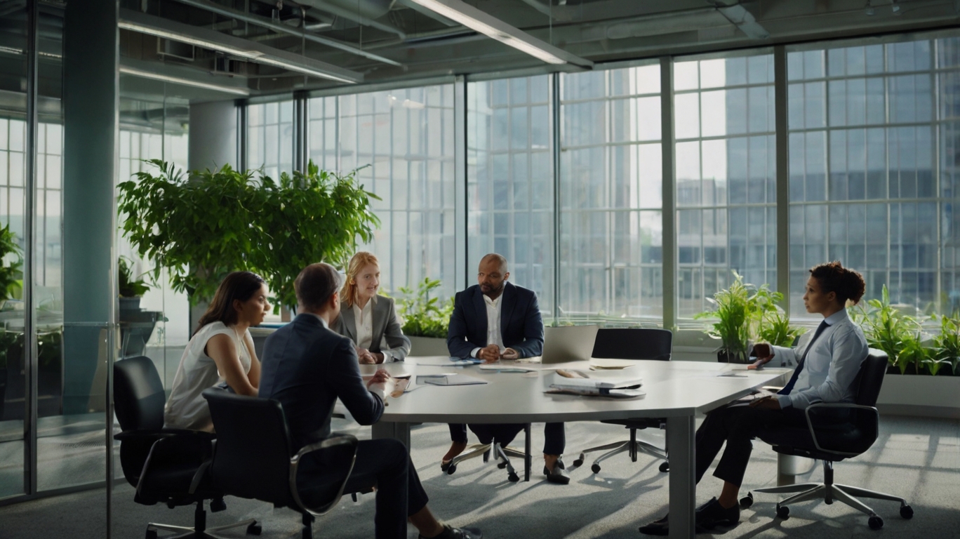 A diverse group of business professionals collaborates around a conference table in an ethical company office setting.