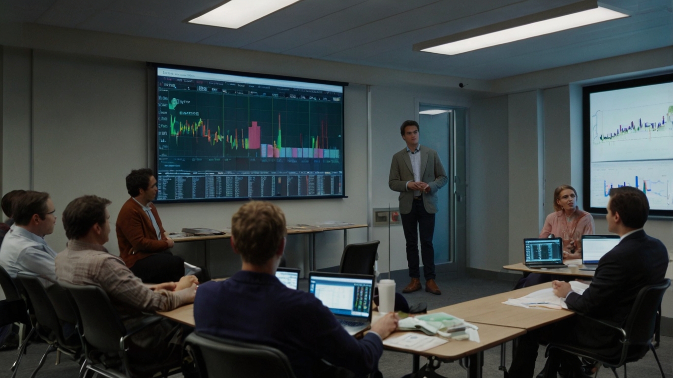 People gathered around a table, attentively viewing a projector screen that presents information on sustainable stocks.