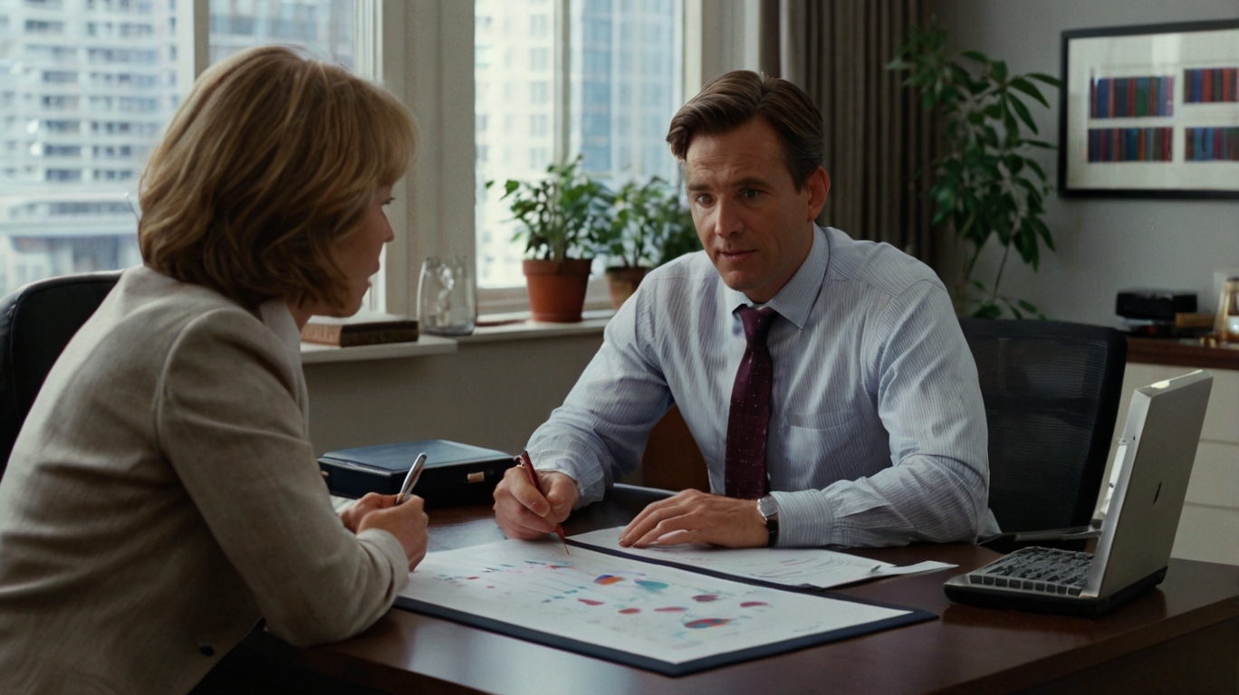 In an office setting, a man and woman engage in a discussion at a desk, focusing on mutual funds and investment options.