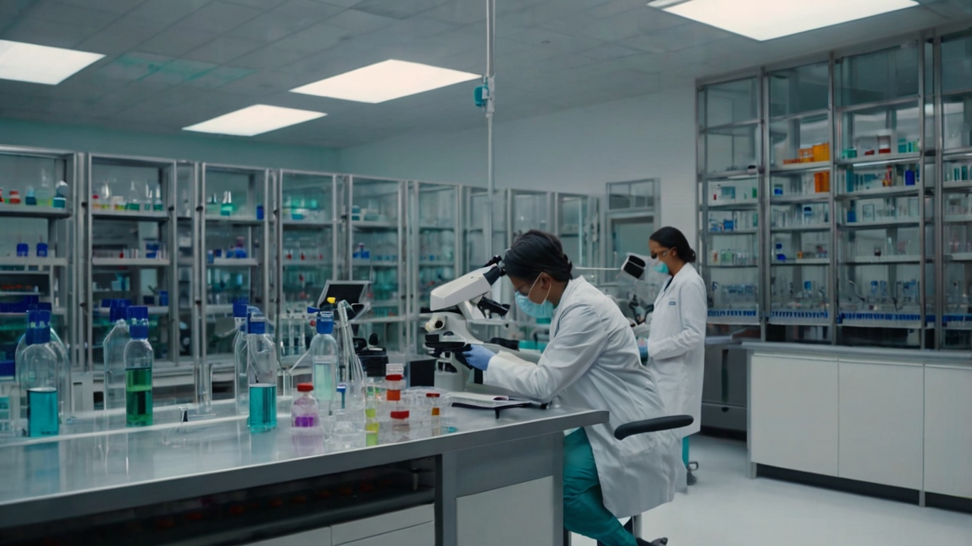 Two professionals in lab coats collaborate in a pharmaceutical laboratory, conducting research and experiments.