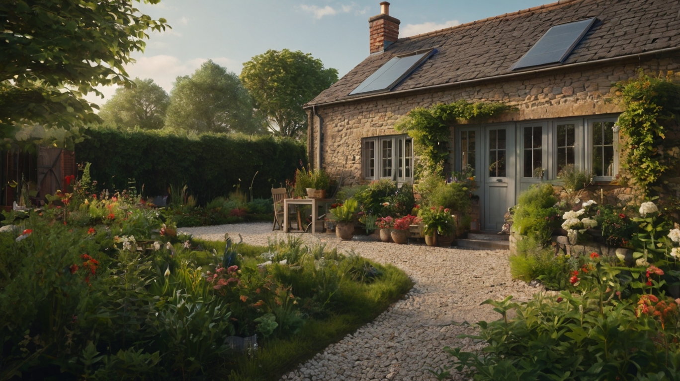 A quaint stone cottage set amidst a flourishing garden, featuring an array of colorful flowers that enhance its rustic charm.