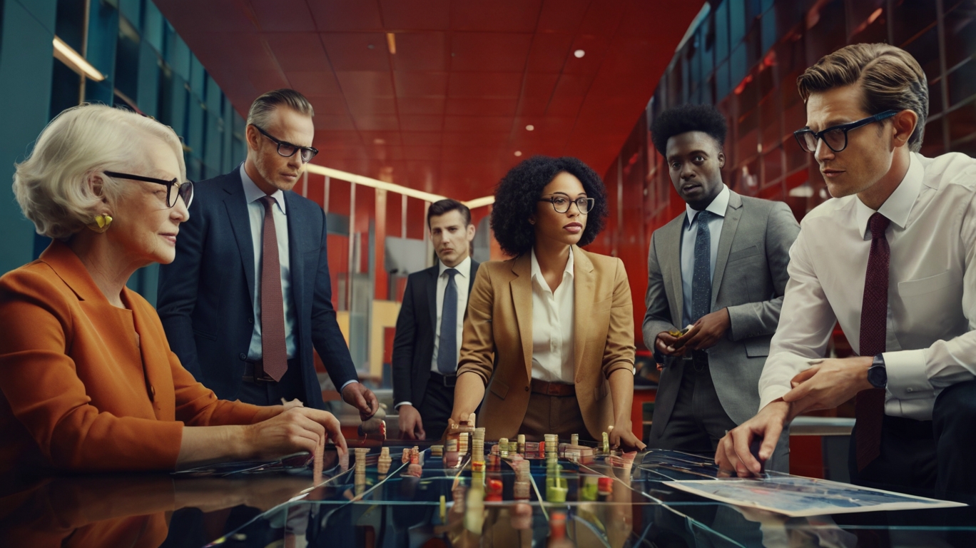 A group of business individuals engaged in a chess game within an office, representing strategic planning for target-date funds.