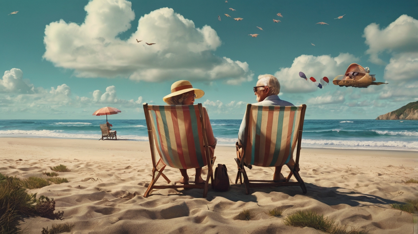 An elderly couple relaxes in beach chairs on the shore, enjoying a sunny day together, symbolizing their shared retirement plans.