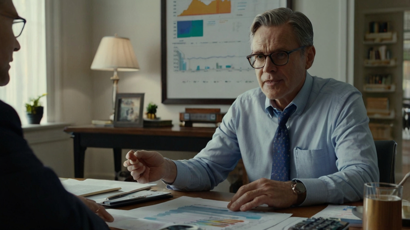 Two men engage in a conversation about 401(k) plans, one seated at a desk in a suit and tie.