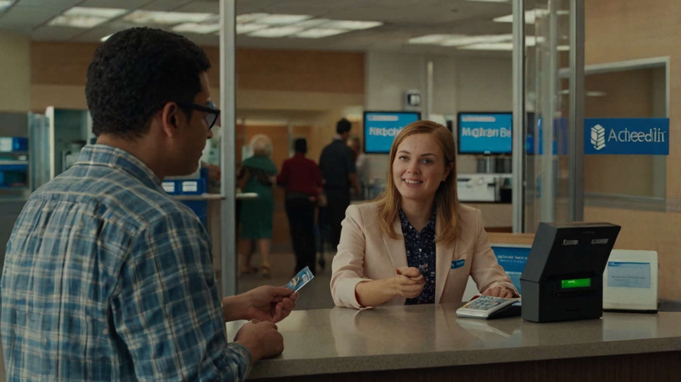 A man and woman engaged in conversation at a credit union bank counter, focusing on their financial needs and inquiries.