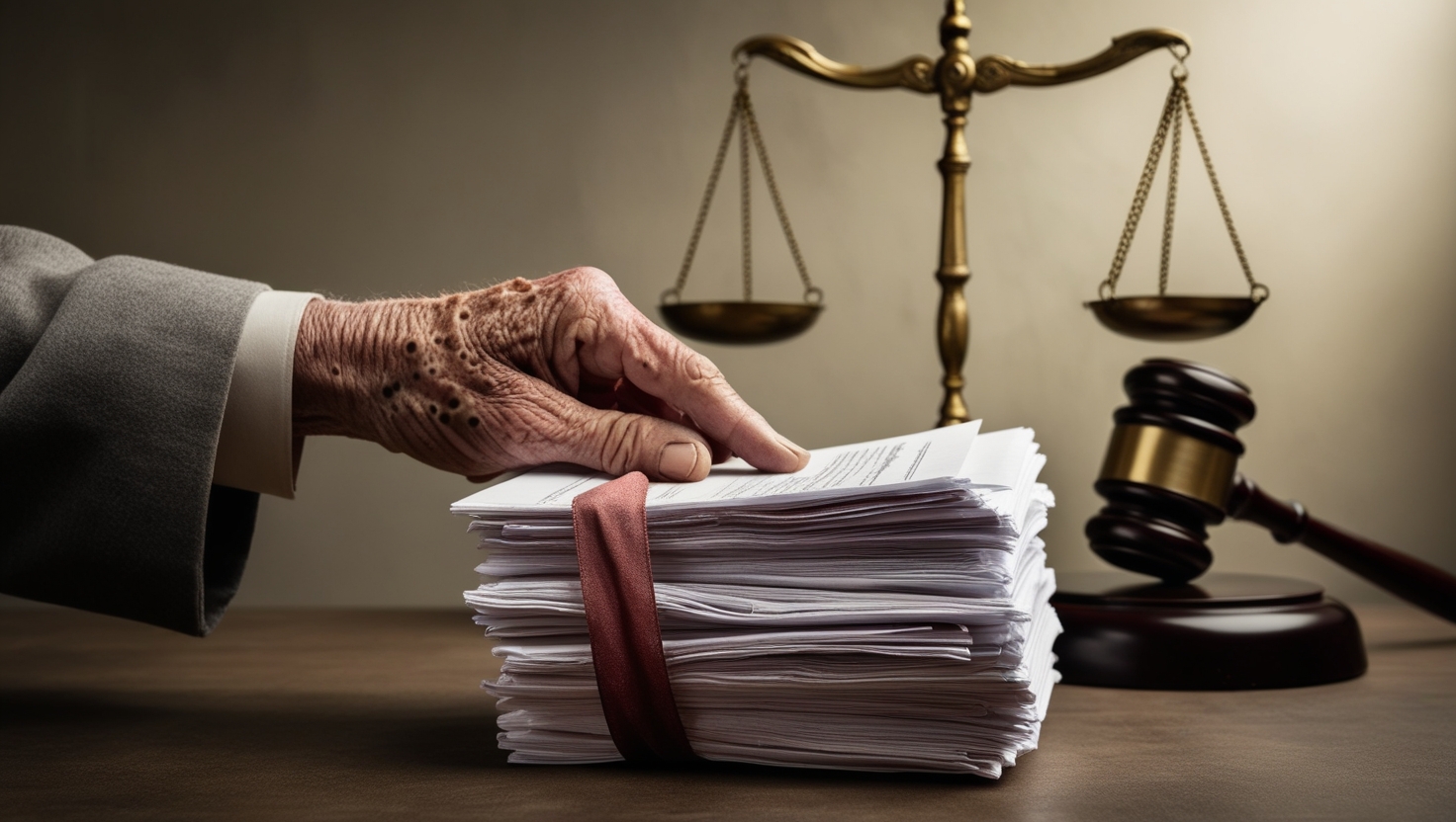 An elderly hand touches a stack of documents secured with a red band, with a gavel and scales of justice in the background on a table.