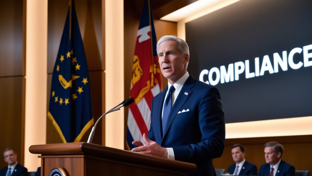 A suited man addresses an audience at a podium marked "compliance," highlighting the importance of anti-money laundering.