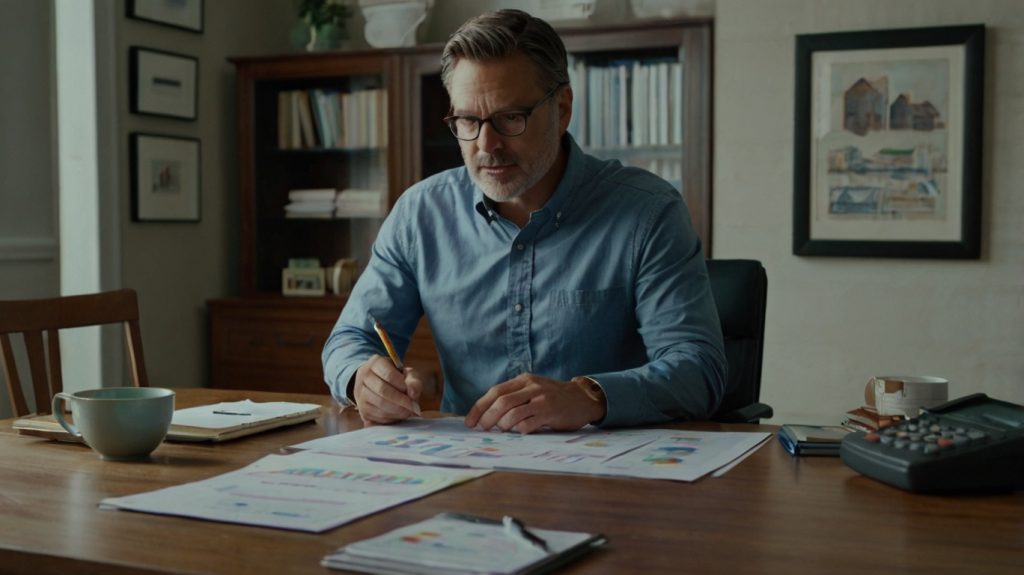 A man with glasses is at a desk, surrounded by mortgage paperwork, diligently taking notes with a pen.