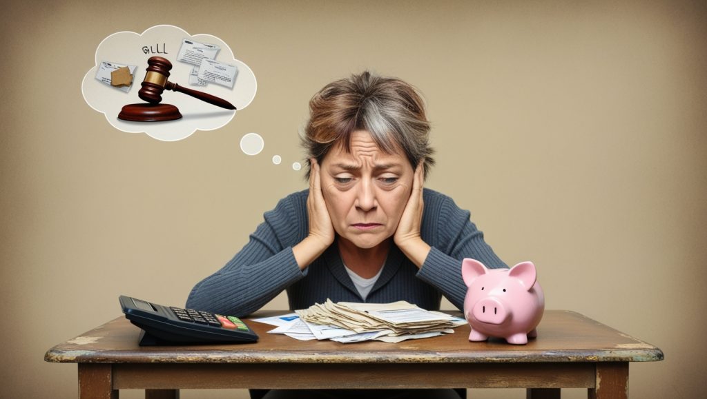 A thoughtful woman reflects on her financial difficulties, her expression revealing concern and contemplation.