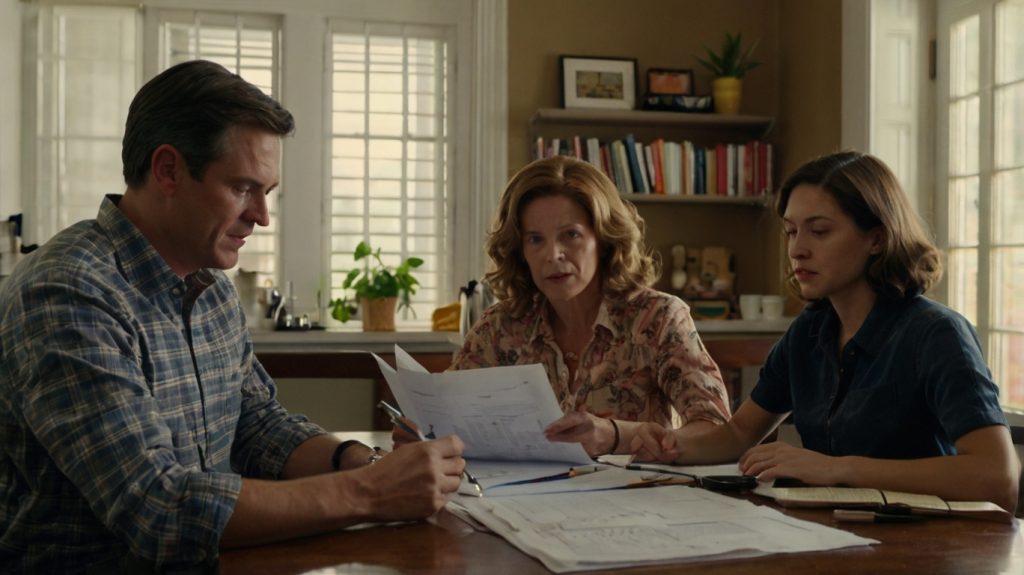 A man and woman sit at a table, examining insurance papers and documents, engaged in a detailed discussion.