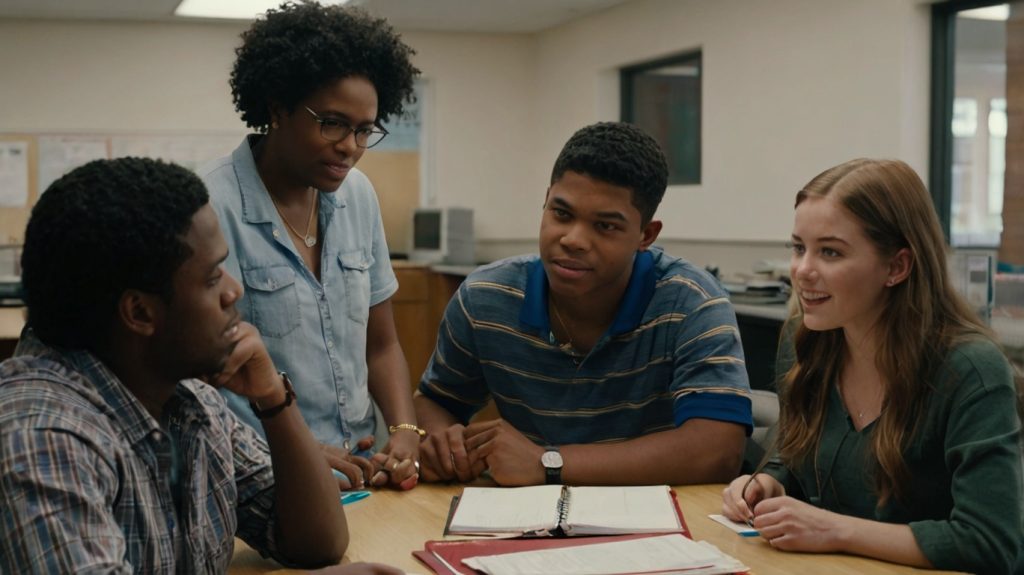 Students of various backgrounds seated at a table, collaborating and discussing the challenges posed by student loans.