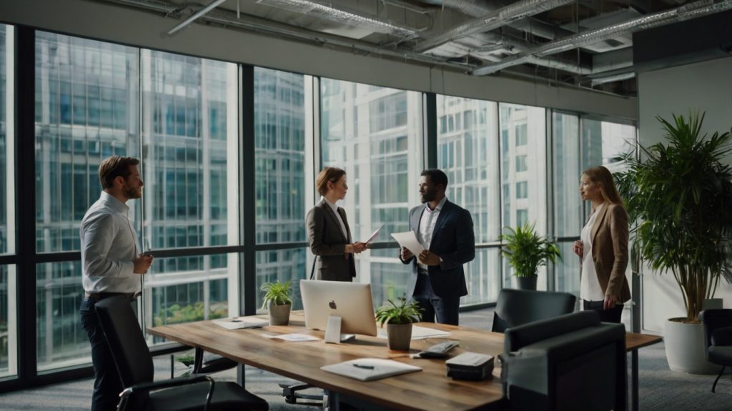 Office scene featuring business people in dialogue, showcasing the commitment to ethics in the workplace.