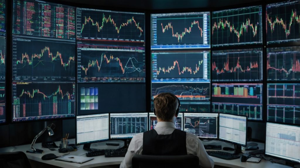 A man seated at a desk, surrounded by screens that present stock market information, emphasizing sustainable stock options.