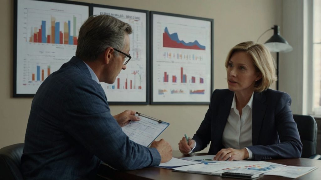 In an office, a businessman and woman converse about mutual funds, highlighting a professional business discussion.