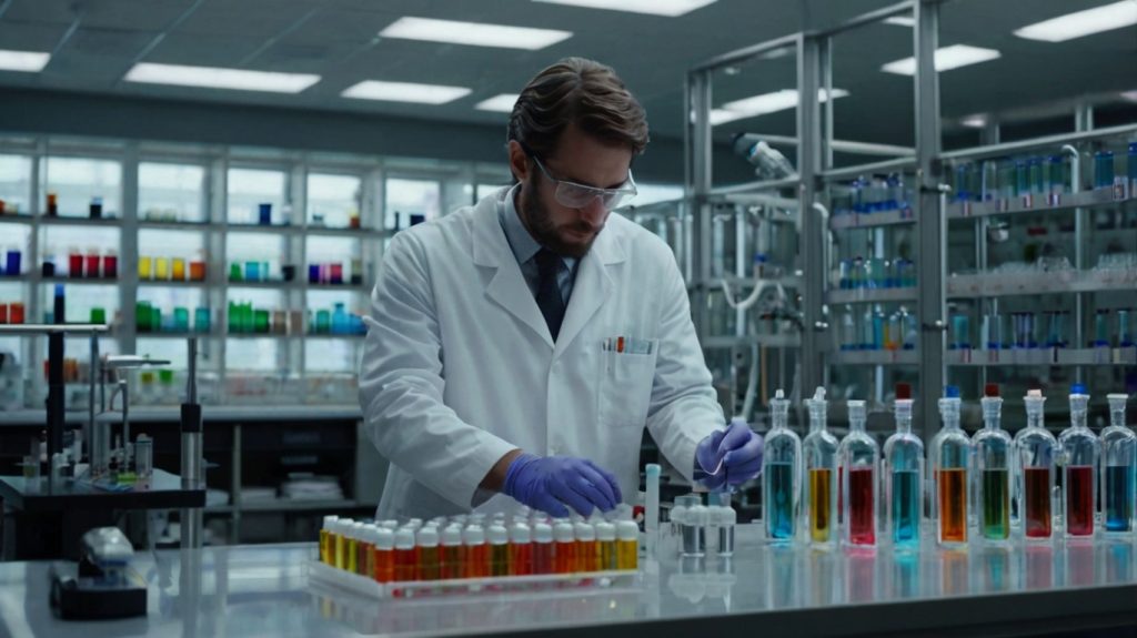 A scientist in a lab coat examines a test tube, representing the importance of investing in the pharmaceutical sector.