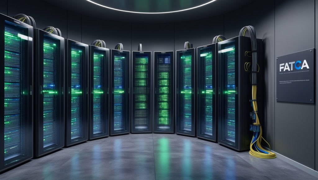 A large server room showcasing multiple rows of servers, emphasizing the importance of technology in tax compliance regulations.