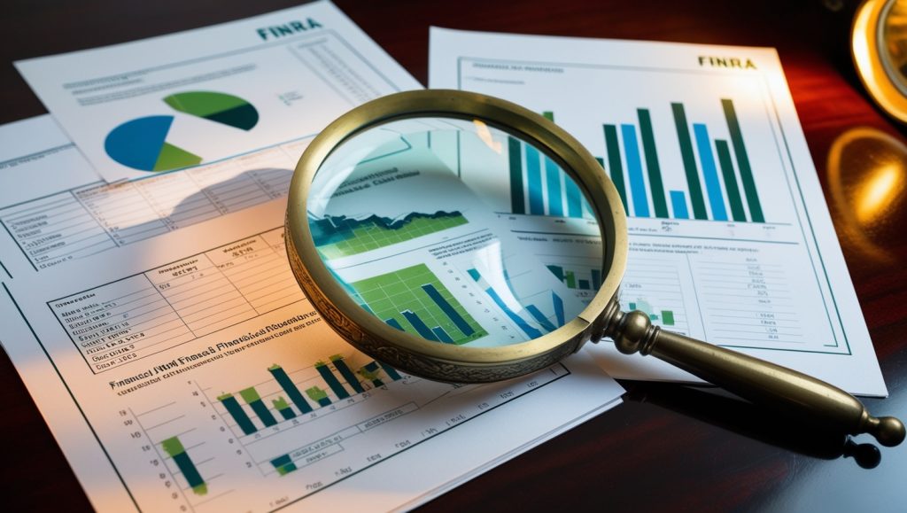 A close-up of a magnifying glass on financial papers, representing detailed examination in the financial regulatory sector.