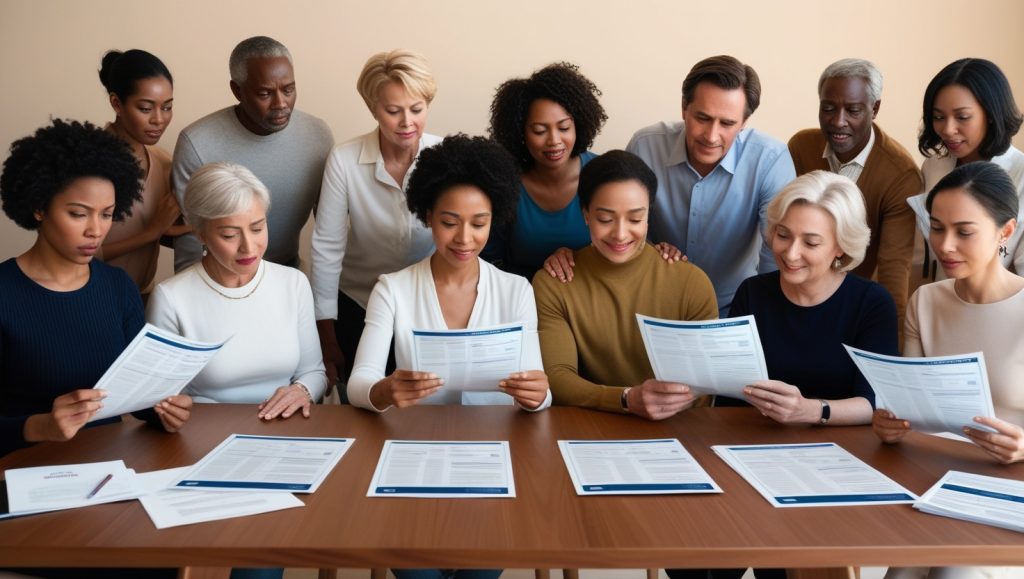 People gathered around a table, reviewing documents pertinent to the Fair Credit Reporting Act, showcasing collaboration.