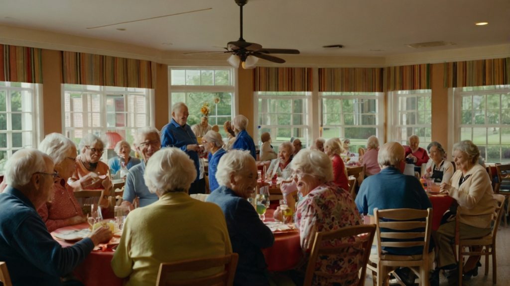 A group of elderly individuals enjoying a meal together at tables in a restaurant, fostering community and connection.