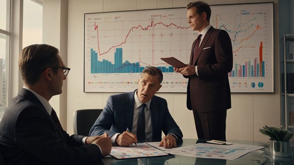 Three business men in formal attire at a table, analyzing a target-date fund, with a chart visible on the wall.