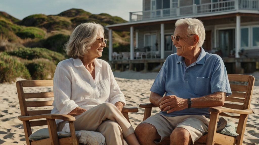 A senior couple relaxes on beach chairs, basking in the sun and enjoying the peaceful beach atmosphere together.