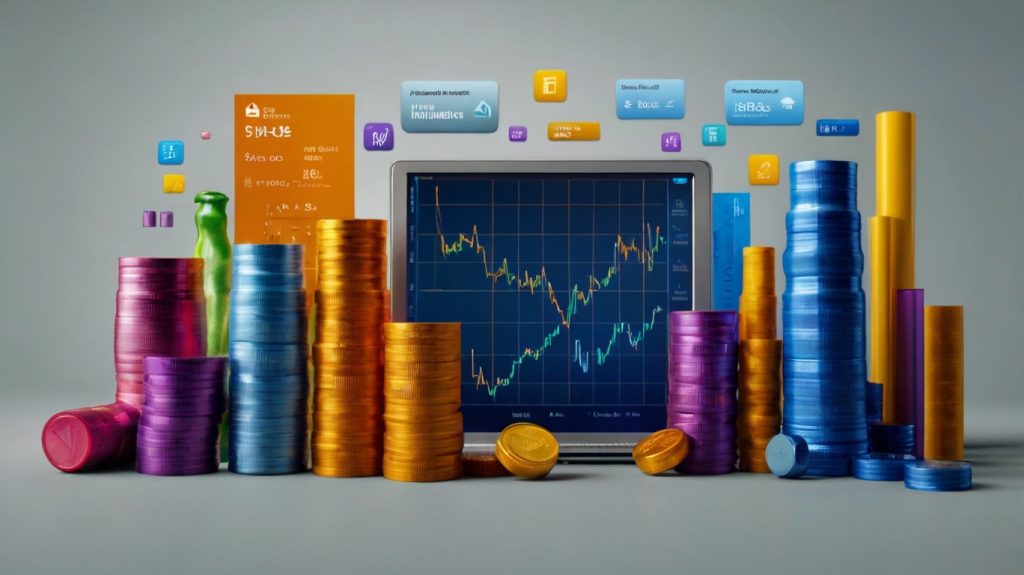 A laptop with a stock chart on the screen, accompanied by stacks of coins, representing investment opportunities at a credit union.