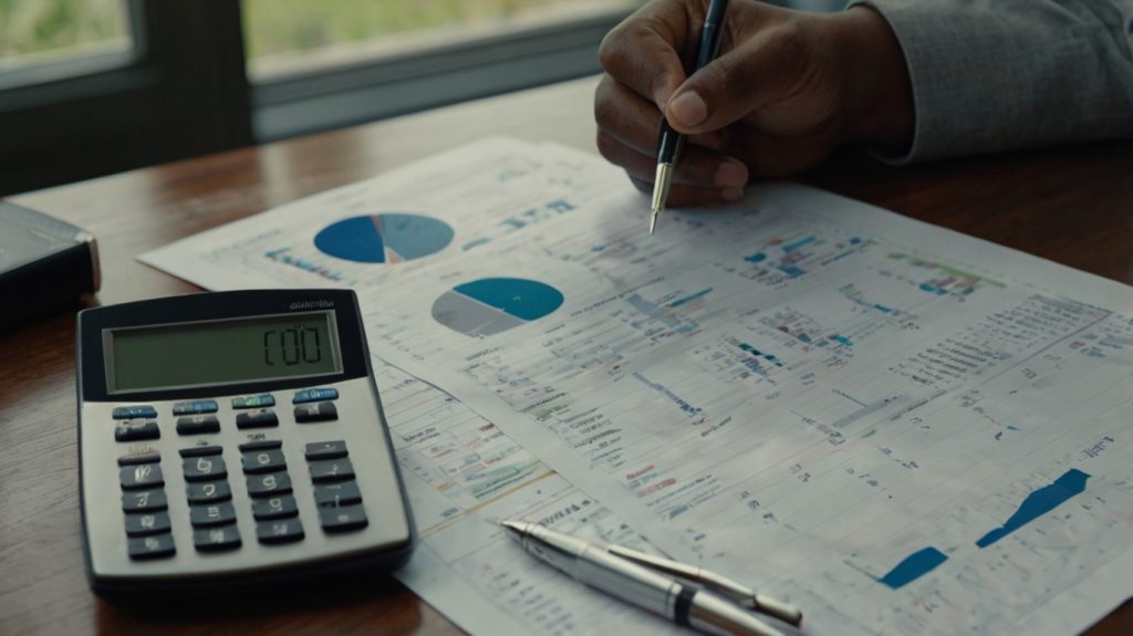 A businessman is engaged in calculating mortgage financial data with a calculator and pen, highlighting his analytical skills.