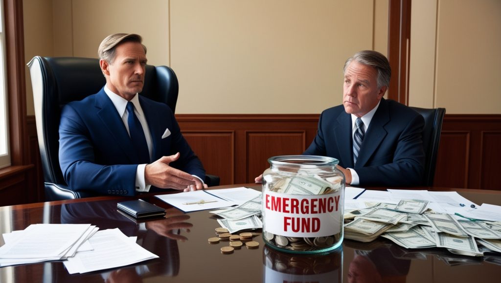 Two businessmen at a table, discussing finances with a jar of money and an emergency fund sign prominently displayed.