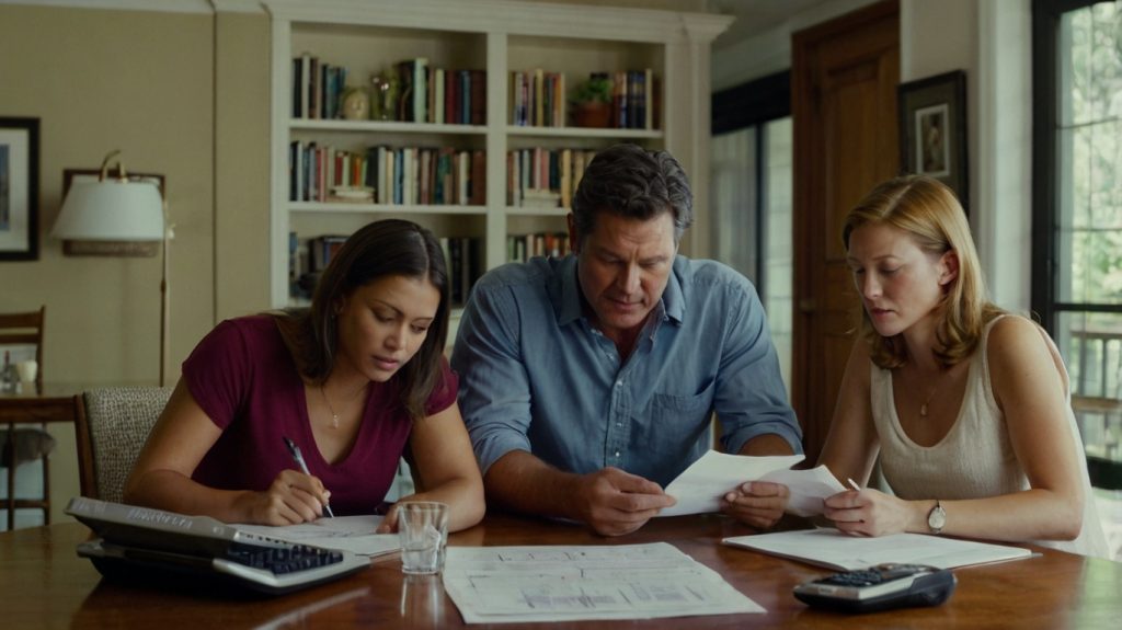 Three individuals seated at a table, reviewing papers and using a calculator, engaged in an insurance discussion.