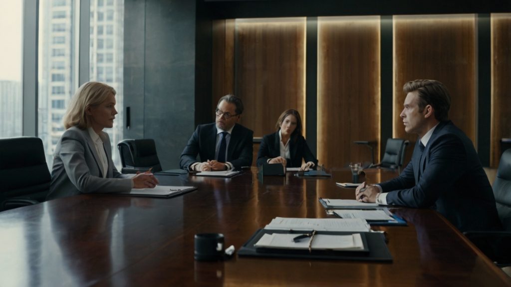 A team of individuals seated at a conference table, exemplifying teamwork and ethical practices within a professional environment.