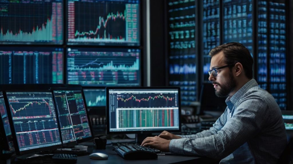 A man seated at a desk, surrounded by multiple monitors, focused on sustainable stock analysis on his computer.