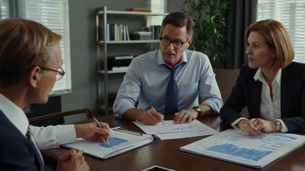 A trio of business individuals gathered around a table, analyzing documents focused on mutual funds and financial planning.