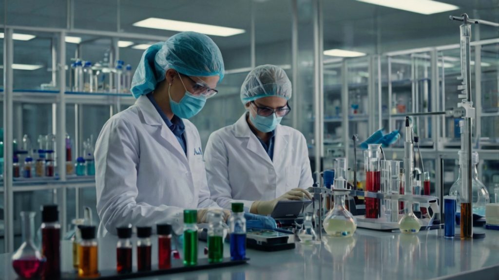 Two professionals in lab coats engage in research at a laboratory table, contributing to advancements in the pharmaceutical sector.