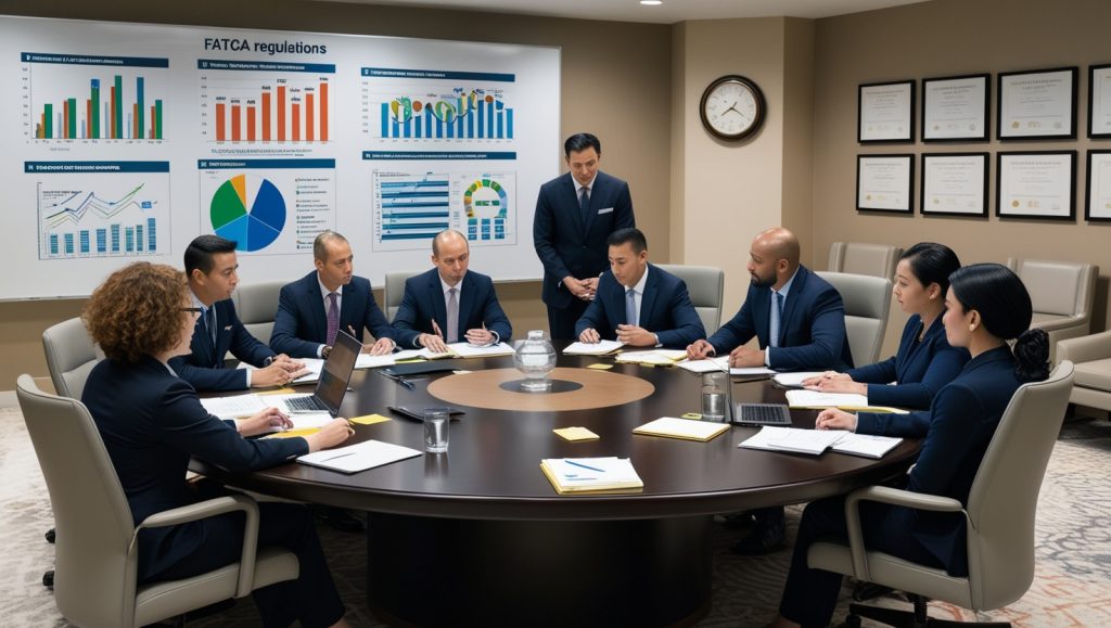 Business individuals collaborating at a table, emphasizing teamwork and strategy related to the Foreign Account Tax Compliance Act.