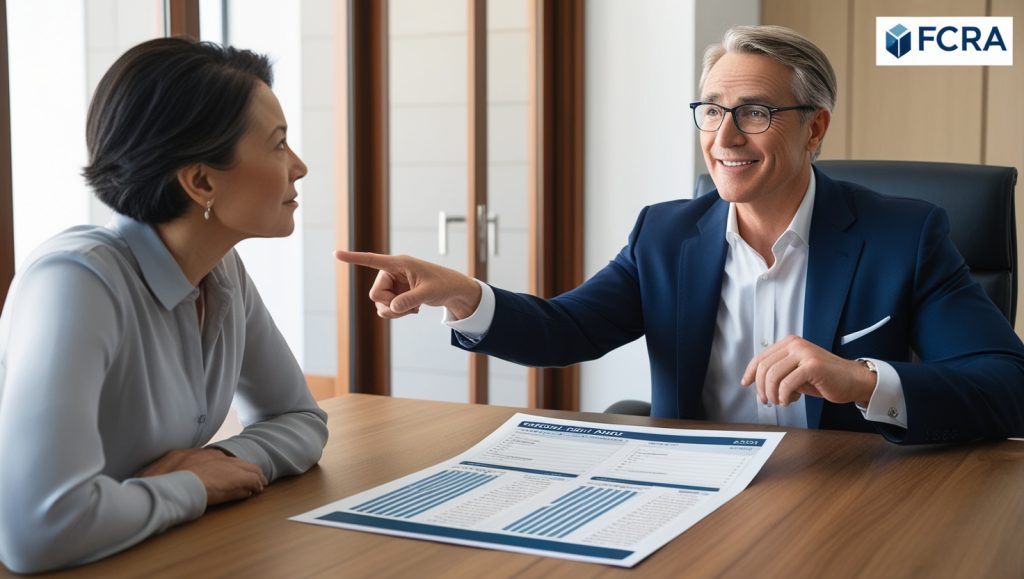 A man and woman seated at a table, reviewing a document related to the Fair Credit Reporting Act.