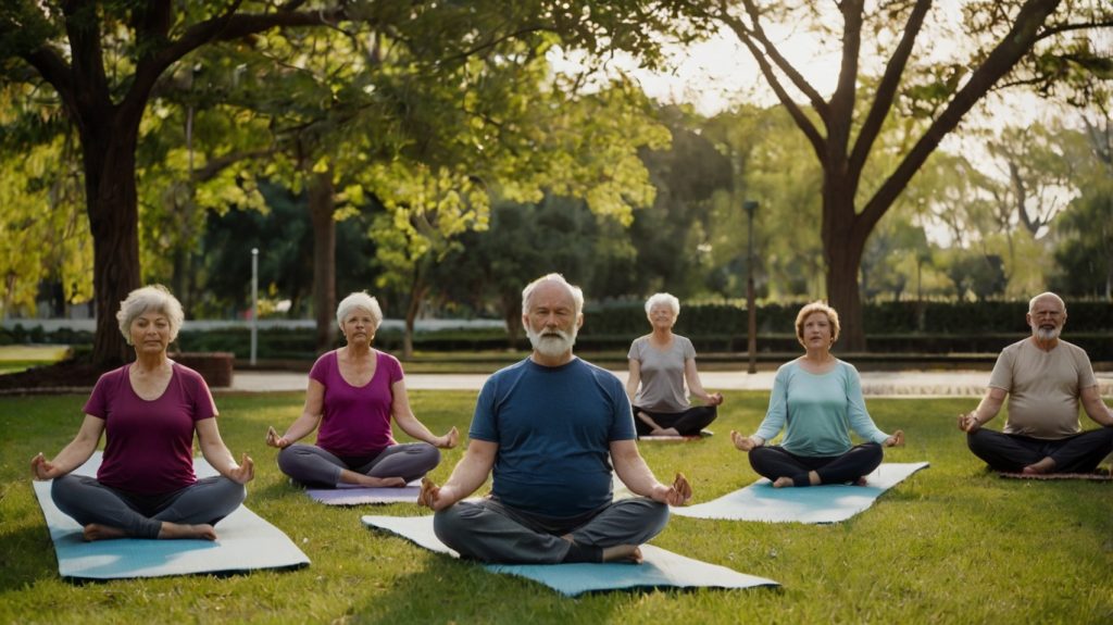 Elderly people engaged in yoga exercises outdoors, enhancing their physical health and well-being in retirement.