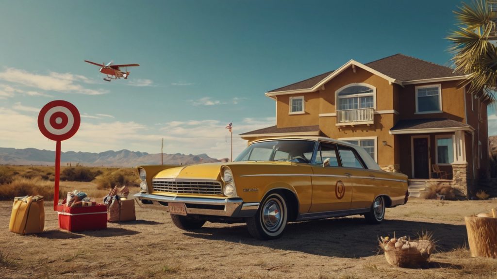 A yellow car parked in front of a house featuring a target sign, symbolizing a target-date fund investment strategy.