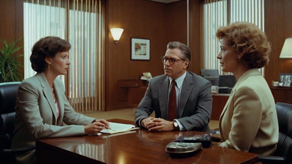 A trio of professionals seated at a conference table in an office, collaborating on matters related to spousal IRAs.