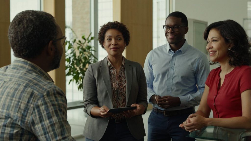 A diverse group of individuals gathered around a table, engaged in discussion at a credit union meeting.