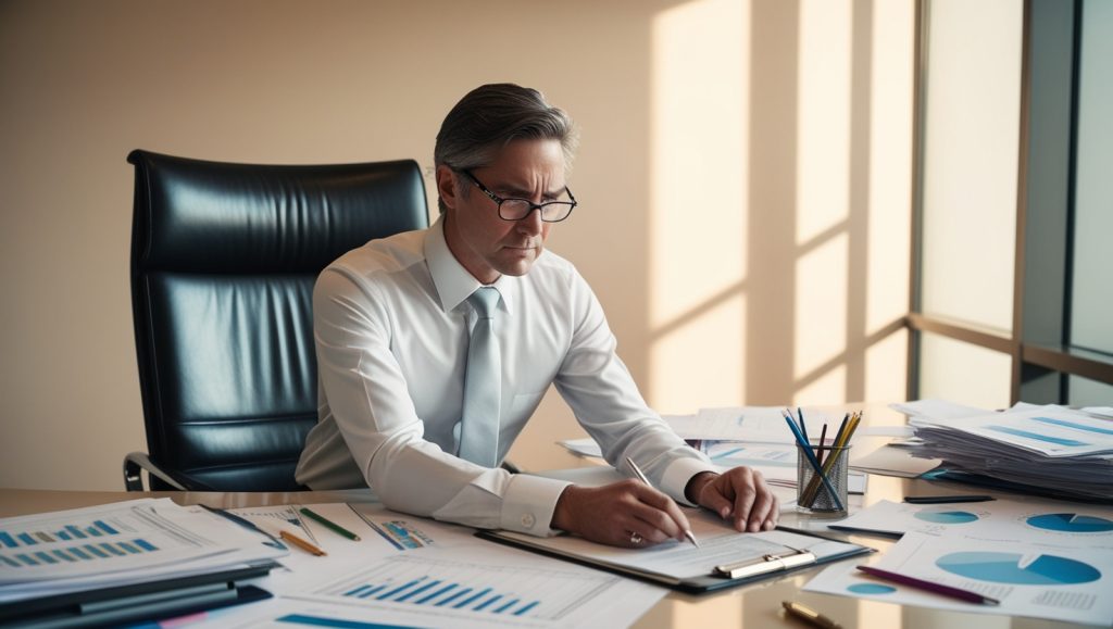 A suited man at a desk examines documents and writes notes, engaged in anti-money laundering activities.