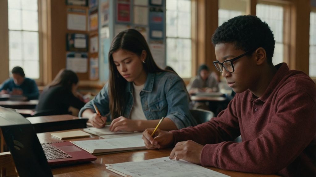 In a classroom, two students engage with their laptops, balancing academic work and the challenges of student loans.