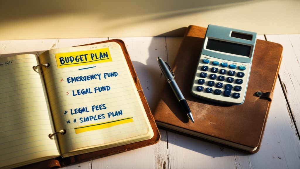 Notebook with "Budget Plan" and a checklist, pen, calculator, and a leather planner on a white wooden table.