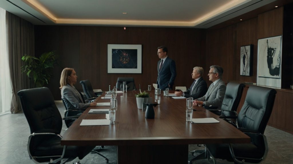 A gathering of people around a conference table, symbolizing collaboration and ethical values in a corporate setting.