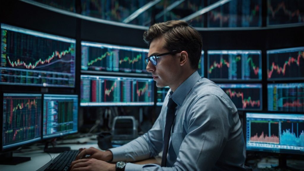 A businessman in a suit analyzes sustainable stock market data on multiple screens at his desk.